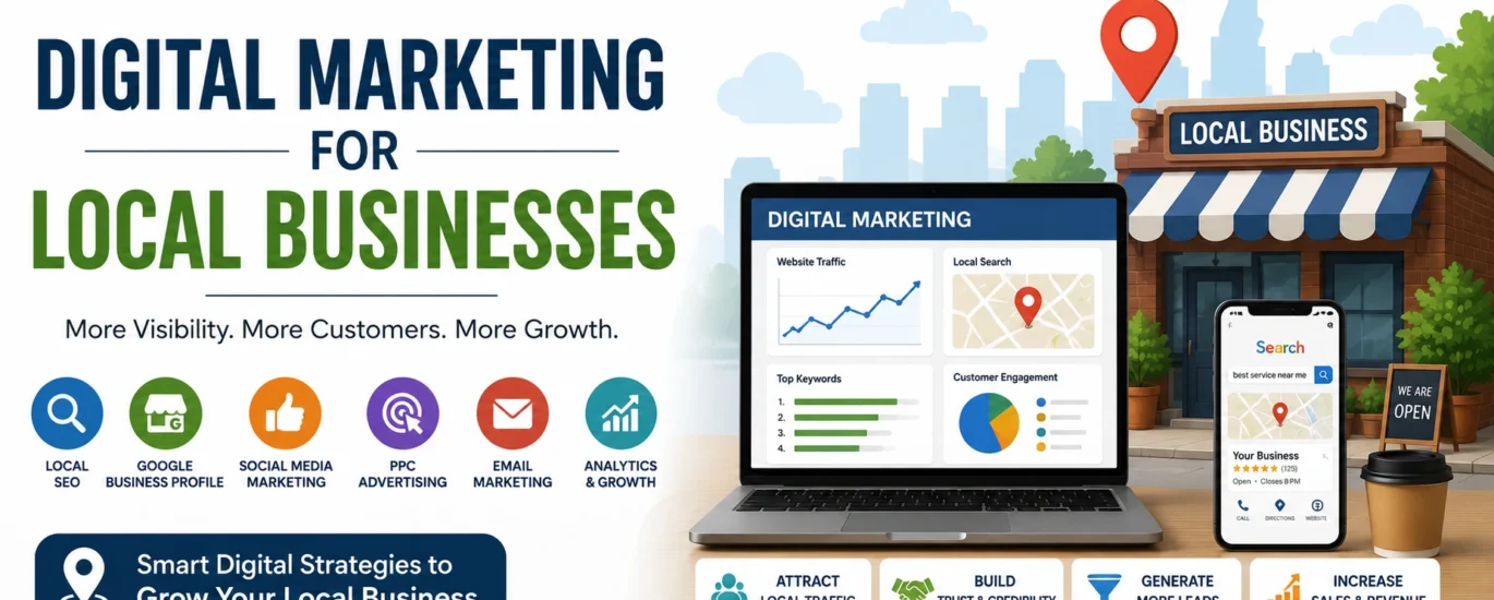 Digital marketing for local businesses illustration showing local SEO, Google Business Profile, social media marketing, PPC advertising, and business growth strategies