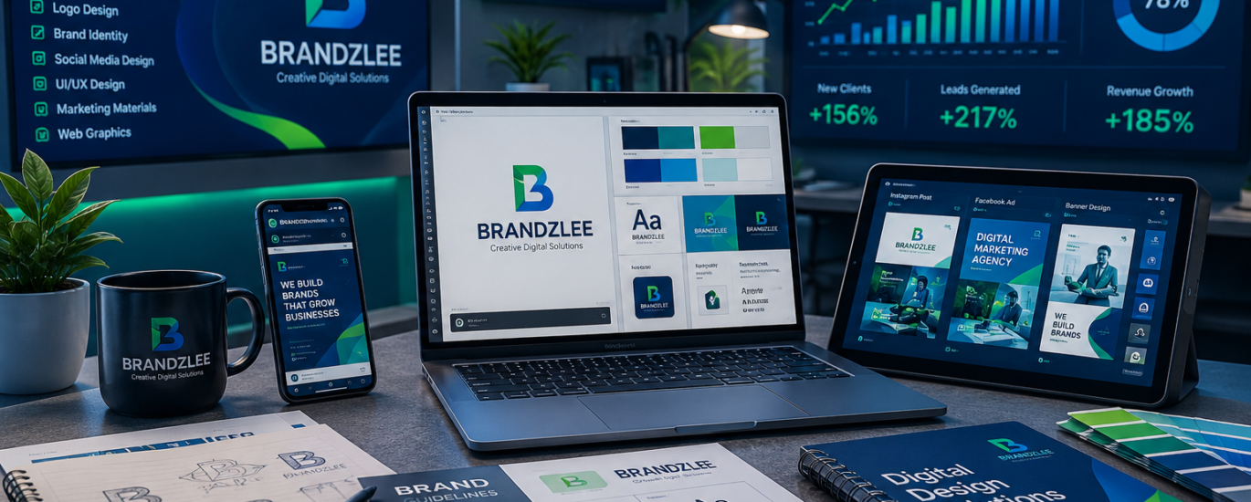 Modern graphic designing services 2026 workspace showing branding, logo design, and digital creative tools for business identity