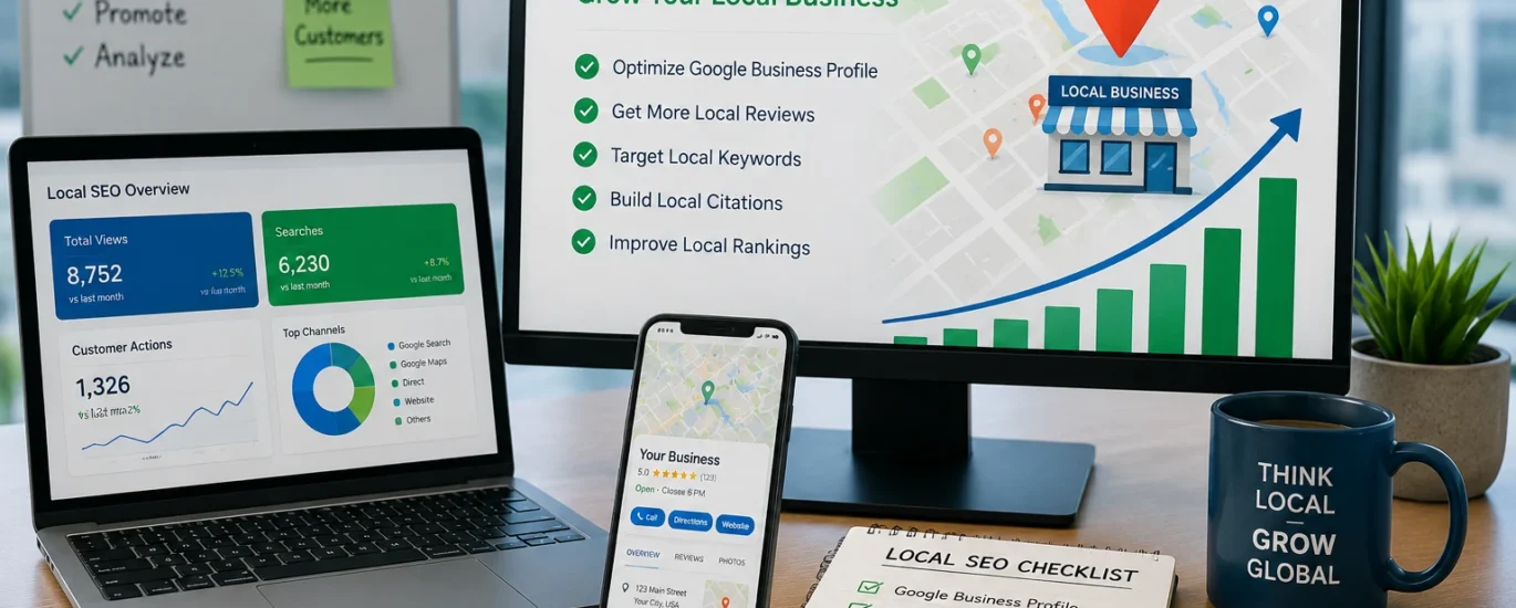 Local SEO guide for small businesses with Google Maps, SEO analytics dashboard, and business growth charts