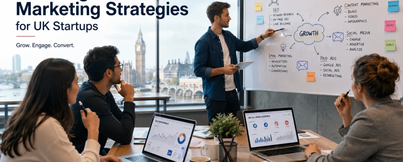 Best Digital Marketing Strategies for UK Startups – UK startup team discussing SEO, content marketing, social media marketing, and business growth strategies.