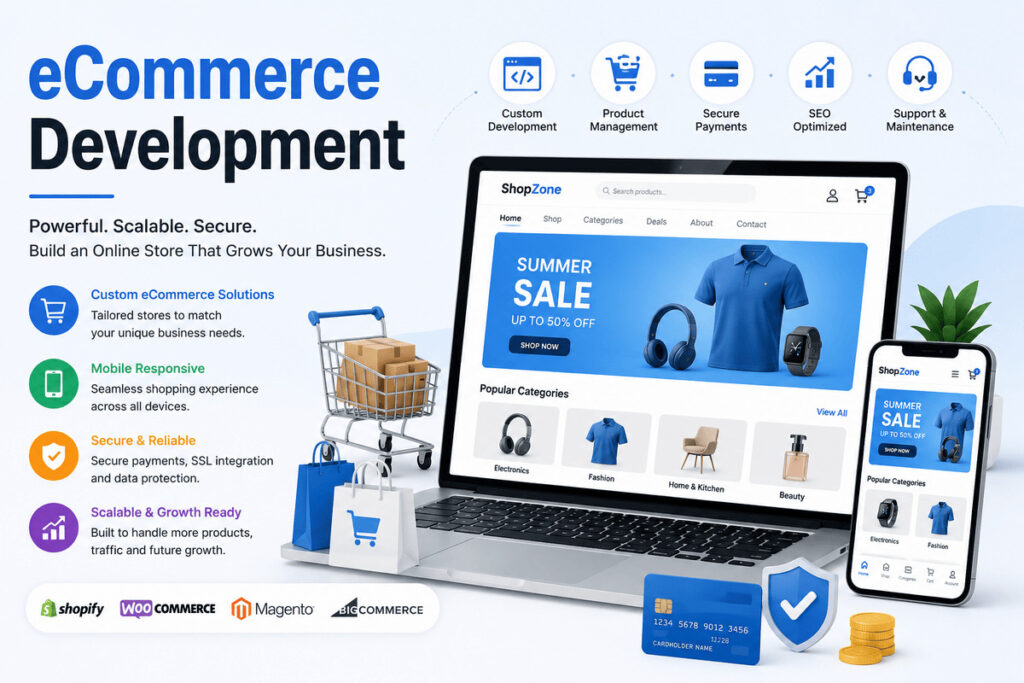 Professional eCommerce website development graphic with laptop, smartphone, shopping cart, and online store interface.