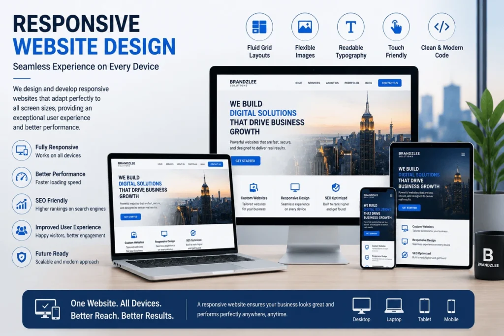 Responsive Website Design for New York businesses displayed across desktop, laptop, tablet, and mobile devices with a mobile-first, SEO-friendly web development approach.