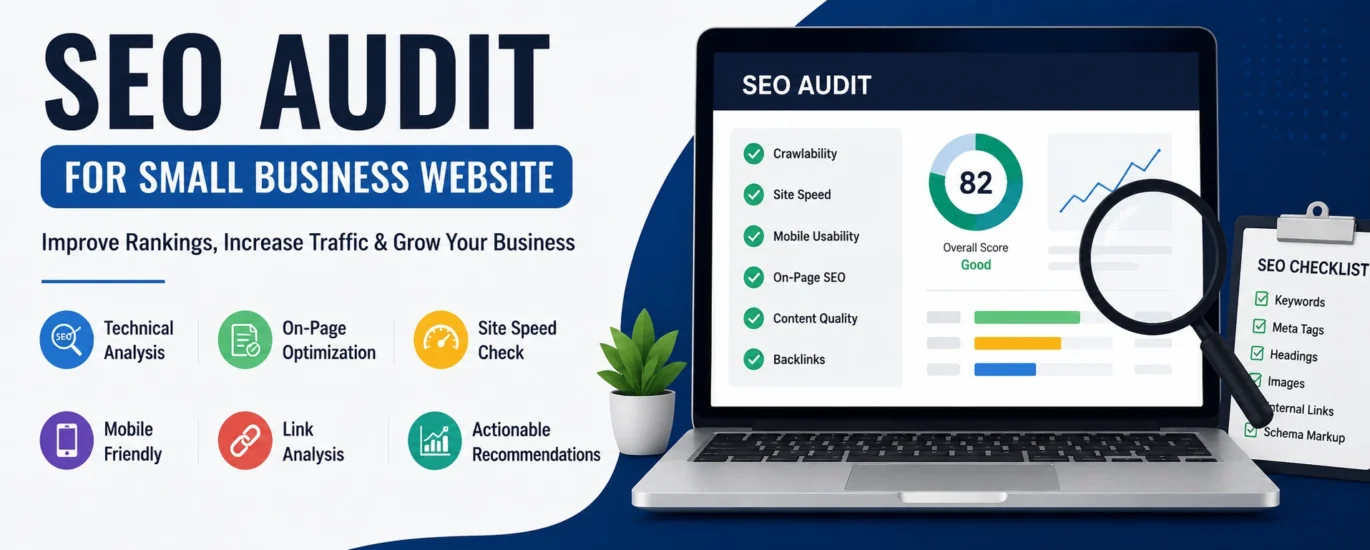 SEO audit for small business website showing technical SEO analysis, website performance, on-page optimization, and SEO checklist.