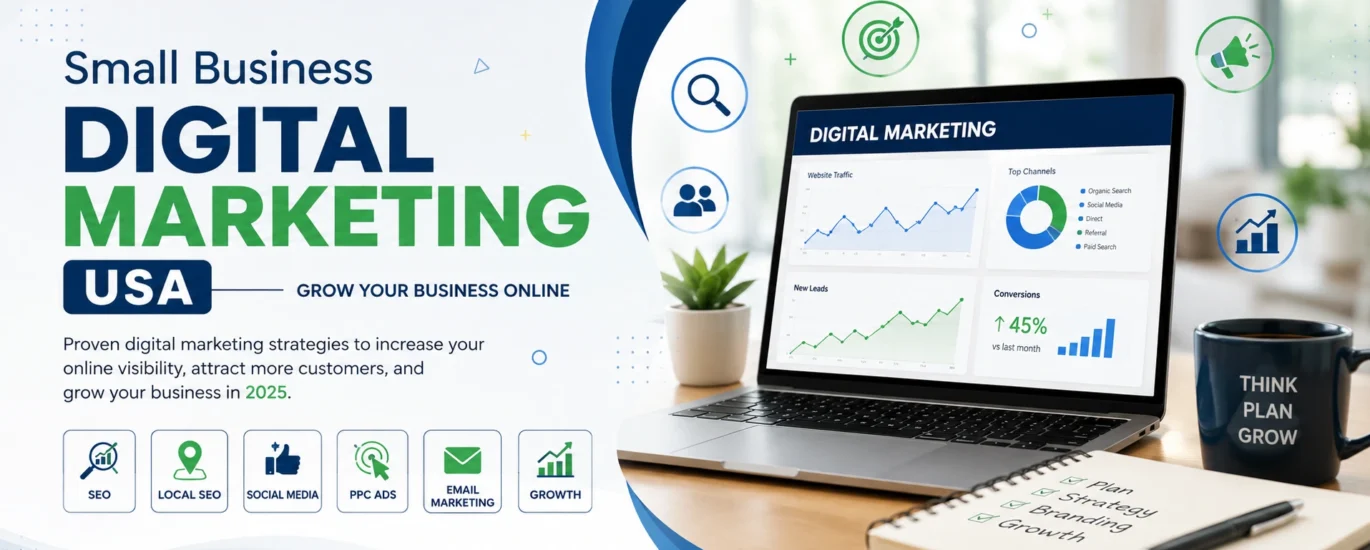 Small Business Digital Marketing USA strategies including SEO, Local SEO, Google Ads, social media marketing, and content marketing for business growth.