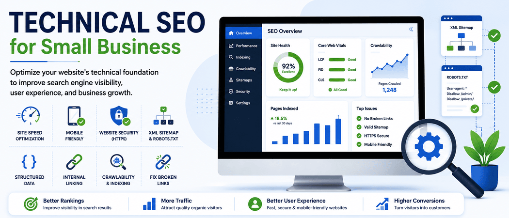 Technical SEO for small business illustration showing website speed optimization, crawlability, XML sitemap, structured data, mobile responsiveness, internal linking, and website security.