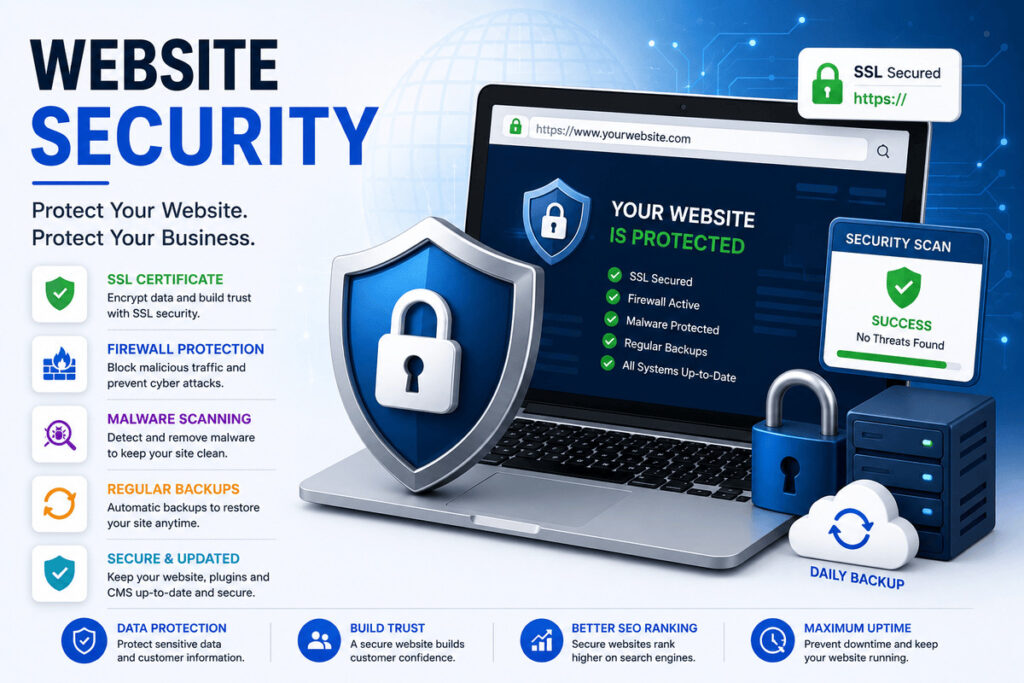 Modern website security banner featuring SSL certificate, firewall protection, data security, and cyber defense icons.