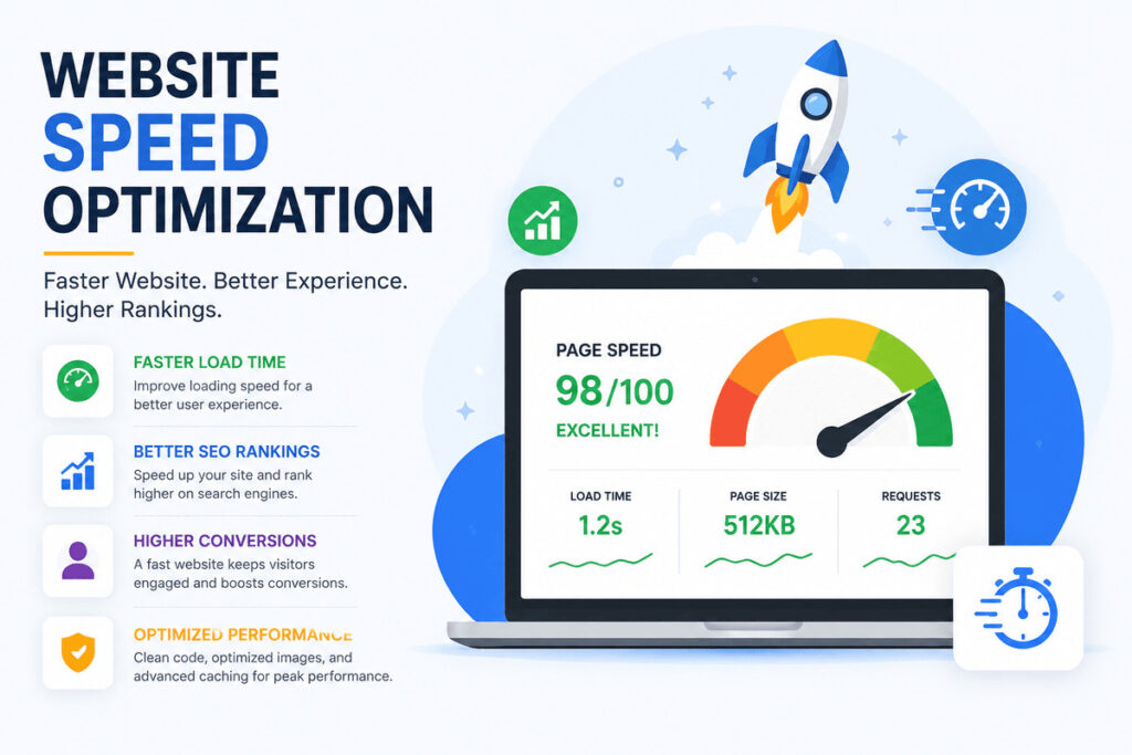 Modern website speed optimization banner featuring a fast-loading website dashboard and SEO performance graphics.